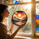 Stained Glass Window Hanging  Mountain River And Sun Suncatcher For Door Terr   