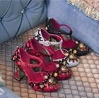 Womens Rhinestone Round Toe Block Heel Embroidered High Heel Wedding Shoes Hot