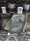 Vintage Travel Bar Set 3 Flasks 2 Shot Glasses Leather Carrying Case Brown Retro
