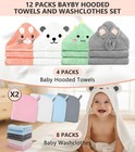 12 Pcs Baby Bath Towels Set - 4 Pack Animal Hooded Baby Towels Robe   8 Soft    