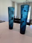 Vintage Fenton Blue Art Glass Vase Pair 14    Hand Blown Thumbprint Mid Century