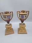 Pair Of Antique Brass Mantle Urns W Couples Painting 7 75  Tall