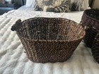 Vintage Boho Dark Brown Wicker Storage Basket Set Lidded   Handled