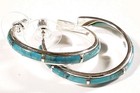 925 Sterling Silver Hoop 12 Stones Turquoise  1 1 8  X 1 8  Earrings 5 4g