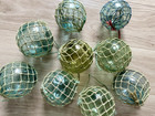 Set Of 9 Authentic Japanese Antique Glass Fishing Floats W  Original Nets
