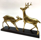 Solid Brass Buck And Doe Deer Figurines Mounted On Wood Base Vintage Mcm Korea