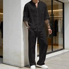 Mens 2   piece Linen Blend Outfit Set Long Sleeve Shirt   Casual Pants