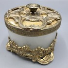 Vintage French Ormulo Trinket Box Vanity Jar Gold Filigree Frosted Glass Footed