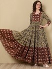 Indian Women Multi Rayon Floral Printed Anarkali Flared Long Dress Kurta Kurti