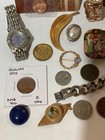 Vintage Junk Lot 17j Swiss Watch Brooch Pins Slide Coins Tokens Jewelry More  20