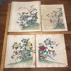 Set Of 4 Chinese Hand Painted Peonies Plum Blossoms Birds Silk Paintings As Is