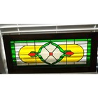 Vtg Stained Glass Window Hanging Green Yellow Orange Geometric Wood Frame Read