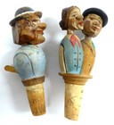 Set 0f 2 Vintage German Hand Carved Mechanical Wooden Wine Bottle Stopper Nice