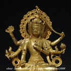 9   Old Tibet Buddhism Bronze Gilt Inlay Gem 3 Heads 6 Arms Tara Buddha Statue