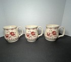 Vintage David Davir Pottery 3 Pc  Floral Shabby Chic Mugs Beige   Burgundy 10 Oz