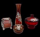 Vintage Westmoreland Hand Painted Signed 4 Pc Ruby Red Glass Vanity Set  1771 