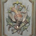 Antique  french Hand Carved Painted Wooden Panel High Relief Still Life Partridge