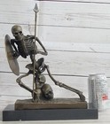 Skeleton Warrior W  Shield And Spear Bronze Statue Sculpture Art Marble Base 12 