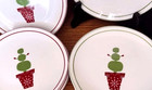 Vntg Starbucks Christmas Plates Set Of 8 -2006 Topiary Snowman 4 Red Band  4 Grn