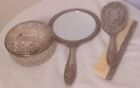 Vintage Dresser Silver Plated Vanity Set Including Mirror Brush Comb Powder Box