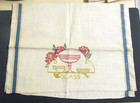  Beautiful Vintage Linen Kitchen Tea Towel Embroidered Glass Blue Gold Stripes