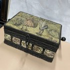 Vintage Tapestry   Black Woven Wicker Sewing Basket Box Children In Garden