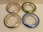 Set 4 Vintage Glass   Colored Aluminum Drink Coasters
