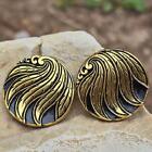 Pair Of 27mm Gold Leaf Feather Designed Vintage Black Glass Buttons  Diy Sewing