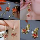 Fashion Red Maple Leaf Crystal Zircon Stud Earrings Women Drop Dangle Jewelry