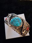 Kingman Turquoise And Coral Sterling Silver Navajo Cuff  Bracelet Sz 8 1 4  New