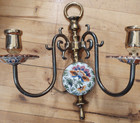 Pr Vintage Double Wall Sconce Candelabra Lights Hand Painted Ceramic Delft Style