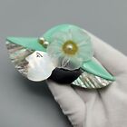 Vtg Lee Sands Brooch Mop Abalone Woman Inlay Flower Hat Paua Sea Green Large Pin