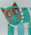 Martha Wolf Fused Blue Green Art Glass Cat Sculpture 1990 s