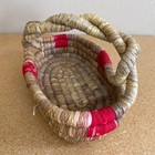 Vtg Handmade Coiled Straw Basket W Braided Handel Red Accent Woven Boho 11x6 5