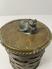 Basketweave Brass Tone Metal Trinket Box Cat Accent Vintage Home Decor Read
