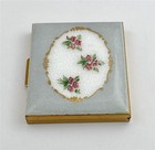 Vintage 50 s Floral Guilloche Enamel Handpainted  Mirror Powder Compact