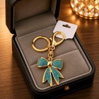 Rhinestone Bow Keychain Bling Bag Charm Purse Pendant Gold Tone Key Ring Glam