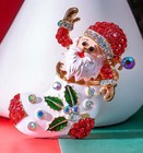 Santa In Christmas Stocking Crystal Rhinestone Brooch Pin With Gold Bag