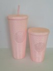 2- Starbucks Pink Matte Diamond Studded Tumblers Cold Cups 24oz   16oz -2023
