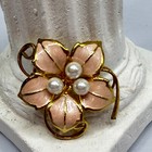 Vintage Flower Brooch Pink Enamel Gold Tone 3 Faux Pearls Pin Swirls Estate 2 In