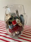 Lot Of Vintage Sewing Notions In Large Glass Pitcher Thread Buttons   More