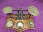 Antique 1800s English Brass Balance Scale  Wood Base  With Weights