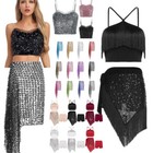 Women Sleeveless Crop Top Belly Dance Costume Set Shiny Sequin Hip Bottom Outfit