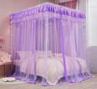 Queen Canopy Bed Curtains 4 Opening Princess Netting W  Top Dustproof Purple