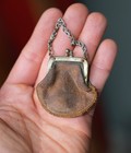 Antique Brown Leather Coin Purse Kiss Lock Small Art Deco Vintage Chain
