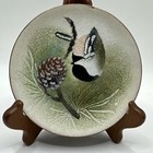 Norman Brumm Enamel On Copper  5    Plate Bird Pinecone Branch Winter  Signed