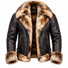 Men   s Brown Black Leather Aviator Jacket Faux Fur Collar Cuff Winter Biker Coat