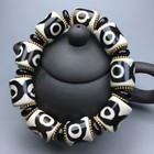 Tibetan Old 3 Eye Dzi Bead Bracelet Black White Agate Chalcedony Jewelry
