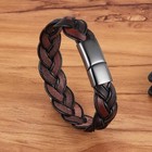 Men Braided Brown Leather Stainless Steel Magnetic Clasp Bracelet Gift