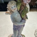 Dresden - Pair Of Antique Single Cherub With Flowers  Porcelain Candlesticks
